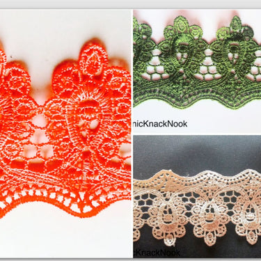 Orange / Green / Beige Embroidery Crochet (Cotton) One Yard Lace Trim, Approx. 75mm Wide - 200317L47/48/49